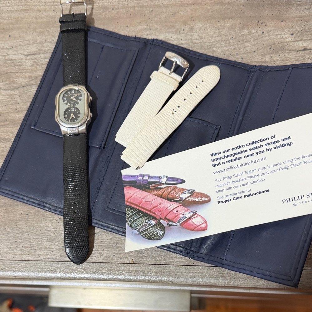 Philip Stein Interchangeable Leather Watch Straps — Black & Cream